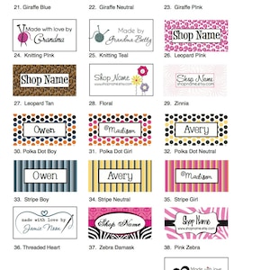 K&ouml;nnte beinhalten: Eine Tabelle mit 39 verschiedenen Designs f&uuml;r B&uuml;geletiketten. Die Designs umfassen verschiedene Muster, Farben und Texte. Einige Designs beinhalten Namen wie Owen, Avery und Madison. Andere Designs beinhalten Texte wie "Shop Name", "Made with love by Grandma" und "Made with love by Jamie".