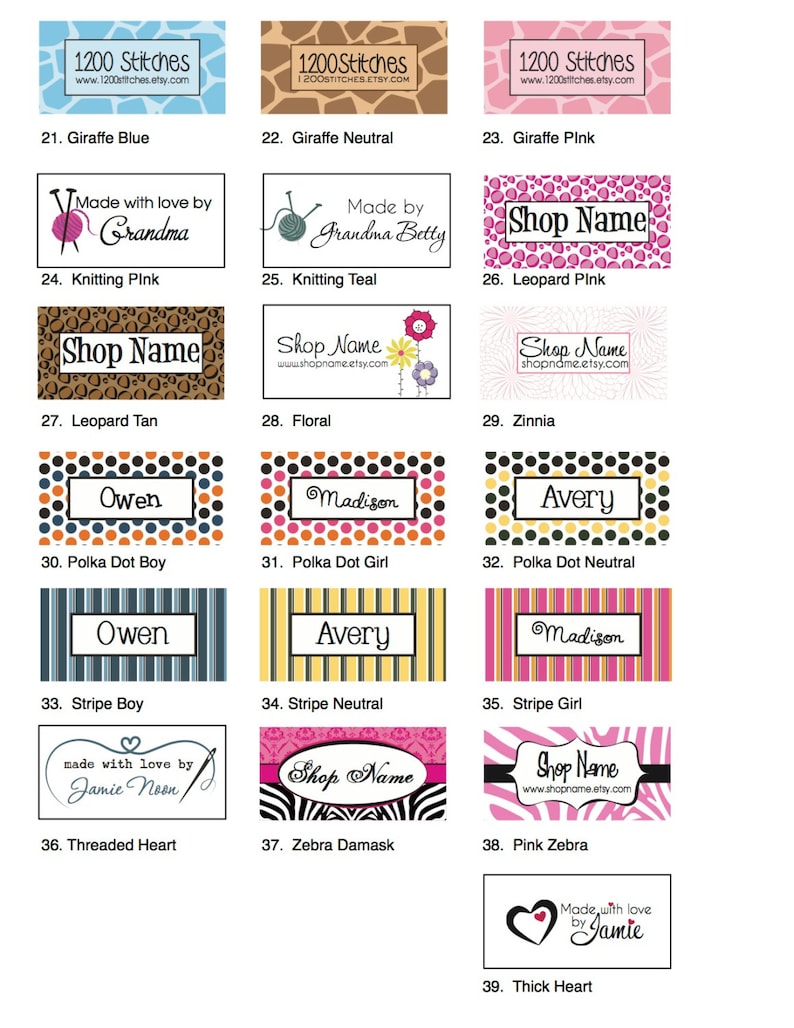 K&ouml;nnte beinhalten: Eine Tabelle mit 39 verschiedenen Designs f&uuml;r B&uuml;geletiketten. Die Designs umfassen verschiedene Muster, Farben und Texte. Einige Designs beinhalten Namen wie Owen, Avery und Madison. Andere Designs beinhalten Texte wie "Shop Name", "Made with love by Grandma" und "Made with love by Jamie".