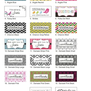 K&ouml;nnte beinhalten: Zwanzig verschiedene Designs f&uuml;r B&uuml;gelbilder, mit verschiedenen Mustern und Farben, darunter Argyle, Chevron, Punkte, Damast und ein N&auml;h-Thema. Jedes B&uuml;gelbild enth&auml;lt den Text "1200 Stitches" und eine Website-Adresse.