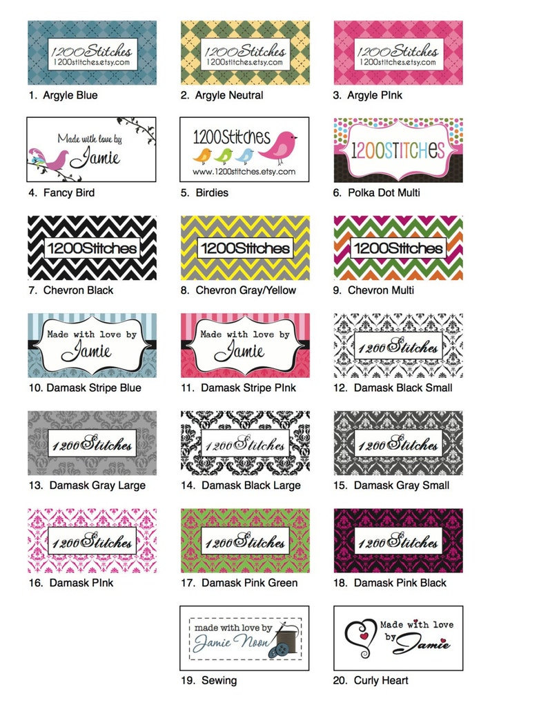 K&ouml;nnte beinhalten: Zwanzig verschiedene Designs f&uuml;r B&uuml;gelbilder, mit verschiedenen Mustern und Farben, darunter Argyle, Chevron, Punkte, Damast und ein N&auml;h-Thema. Jedes B&uuml;gelbild enth&auml;lt den Text "1200 Stitches" und eine Website-Adresse.