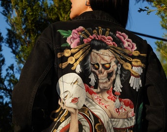 Hand Painted Denim Jacket Skull Design, Custom Denim Jacket, Grunge Streetwear, Punk Jacket