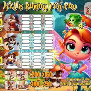 May include: A colorful digital illustration of a game titled "Little Bunny Foo Foo." The game features cartoon bunnies, a fairy, and text indicating chances to win cash prizes. The background shows a forest scene.