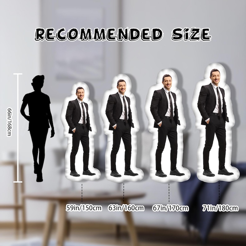 May include: Image showing a size recommendation for a product. The text "RECOMMENDED SIZE" is at the top. A silhouette is next to a measurement of 66 inches/168cm. Four figures in suits are shown with heights of 59in/150cm, 63in/160cm, 67in/170cm, and 71in/180cm.