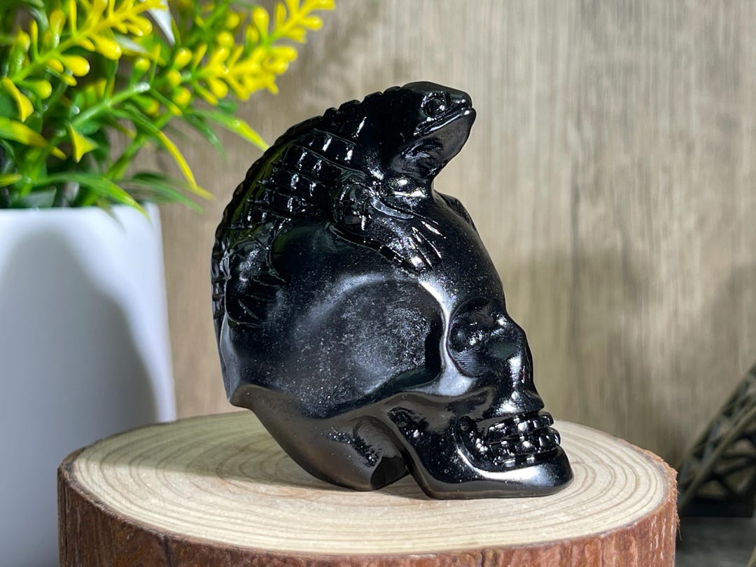 黒い岩の置物 手彫りの黒曜石の頭蓋骨とトカゲ：魔女の装飾 - Etsy 日本