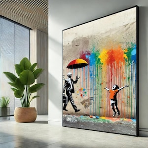Impresión artística en lienzo de Banksy &quot;Niño con paraguas&quot; / Decoración colorida para el hogar con grafiti, póster de arte urbano moderno, regalo único para amantes del arte