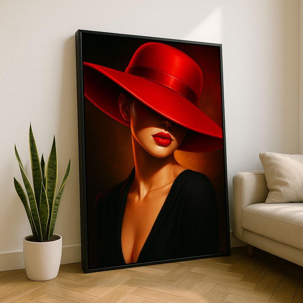 Elegant Woman in Red Hat Canvas Wall Art Print | Modern Bedroom Decor ...