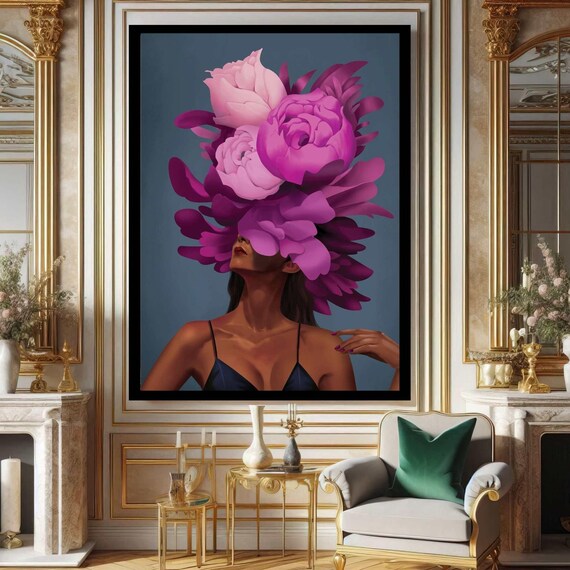 紫色の花柄の女性キャンバスプリント、モダンな壁アート - Etsy 日本