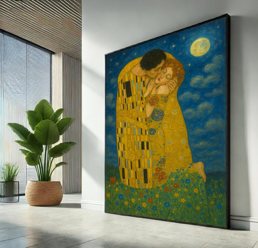 Romantic Couple Canvas Wall Art, Klimt Inspired Art Nouveau Print, Bedroom Poster, Ready to Hang, Love Canvas Wall Art Gift Home Decor