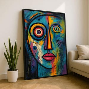 Lebendiges abstraktes Gesicht Leinwand Wand Kunst Druck | Buntes Wohnzimmer Dekor | Statement Stück