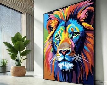 Abstract Lion Head Canvas Print, Colorful Animal Wall Art