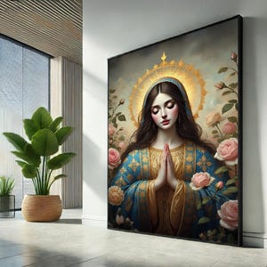 Maagd Maria canvas muurkunst print | Heilige moeder gebedsposter met rozen | Katholiek woondecoratiecadeau voor liefhebbers van uniek cadeau