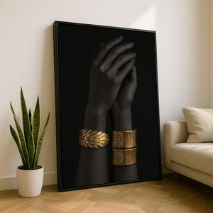 Elegant Black Hands with Gold Jewelry Canvas Wall Art Print | Modern Living Room Decor | Statement Piece