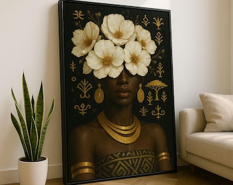 African Woman Floral Crown Canvas Art | Boho Wall Decor