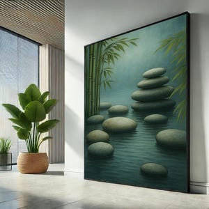 Zen Stones and Bamboo, Tranquil Canvas Wall Art Print, Minimalist Nature Decor, Spa Meditation Room Poster,Calming Water Scene,Ready to Hang