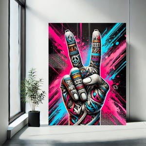 Décoration murale en toile Graffiti urbain signe de la victoire, toile moderne de style Banksy, décoration street art encadrée, toile geste de la main, décoration murale audacieuse