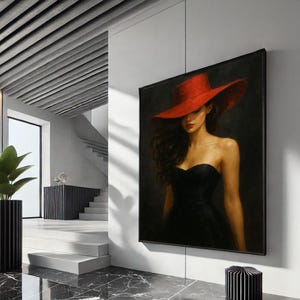 Elegant Woman in Red Hat Canvas Wall Art Print | Chic Living Room Decor | Statement Piece