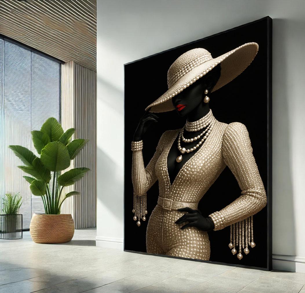 Elegant Black Woman in Pearls Canvas Wall Art | Chic Living Room Decor ...