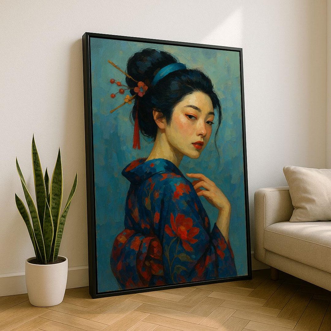 Elegant Japanese Woman Portrait Canvas Wall Art Print | Blue Bedroom ...