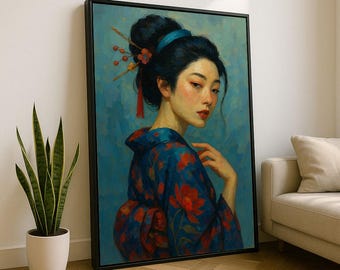 日本人女性のポートレート キャンバスプリント | 青と赤の花のアート 