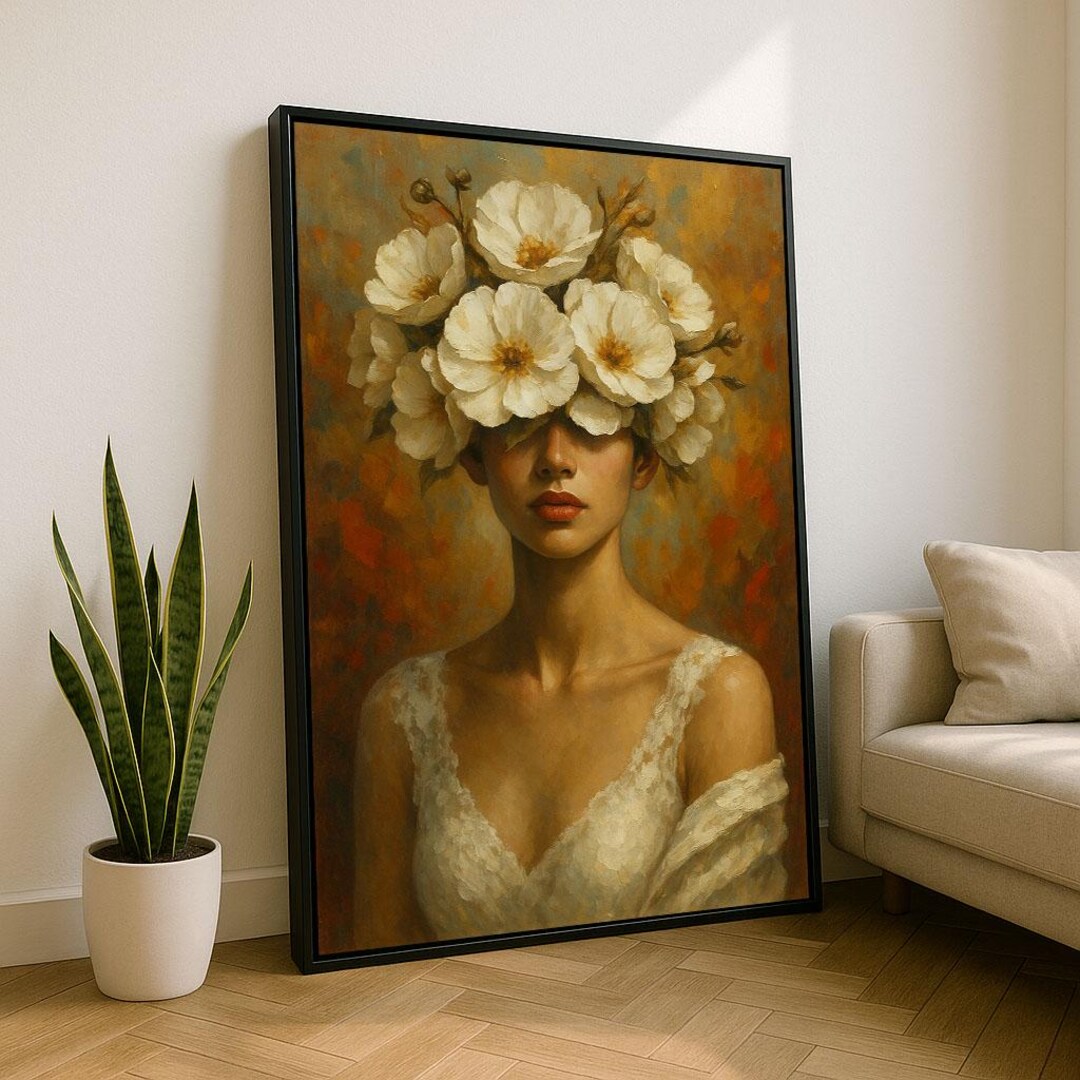 Elegant Floral Woman Portrait Canvas Wall Art Print | Warm Tones Living ...