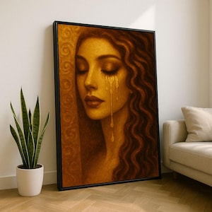 Elegant Woman in Golden Tears Canvas Wall Art Print | Warm Living Room Decor | Statement Piece