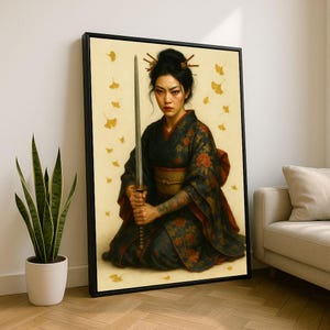 Elegant Samurai Woman in Kimono Canvas Wall Art Print  Vintage Japanese Living Room Decor  Statement Piece