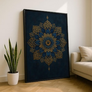 Elegant Gold Mandala Canvas Wall Art Print | Blue Living Room Decor | Statement Piece