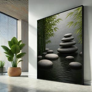 Zen Stones and Bamboo, Tranquil Canvas Wall Art Print, Minimalist Nature Decor, Spa Meditation Room Poster,Calming Water Scene,Ready to Hang