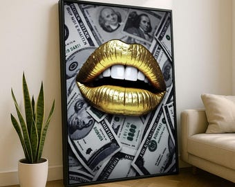Impresión en lienzo con labios dorados y dinero / Arte mural con estilo glamuroso