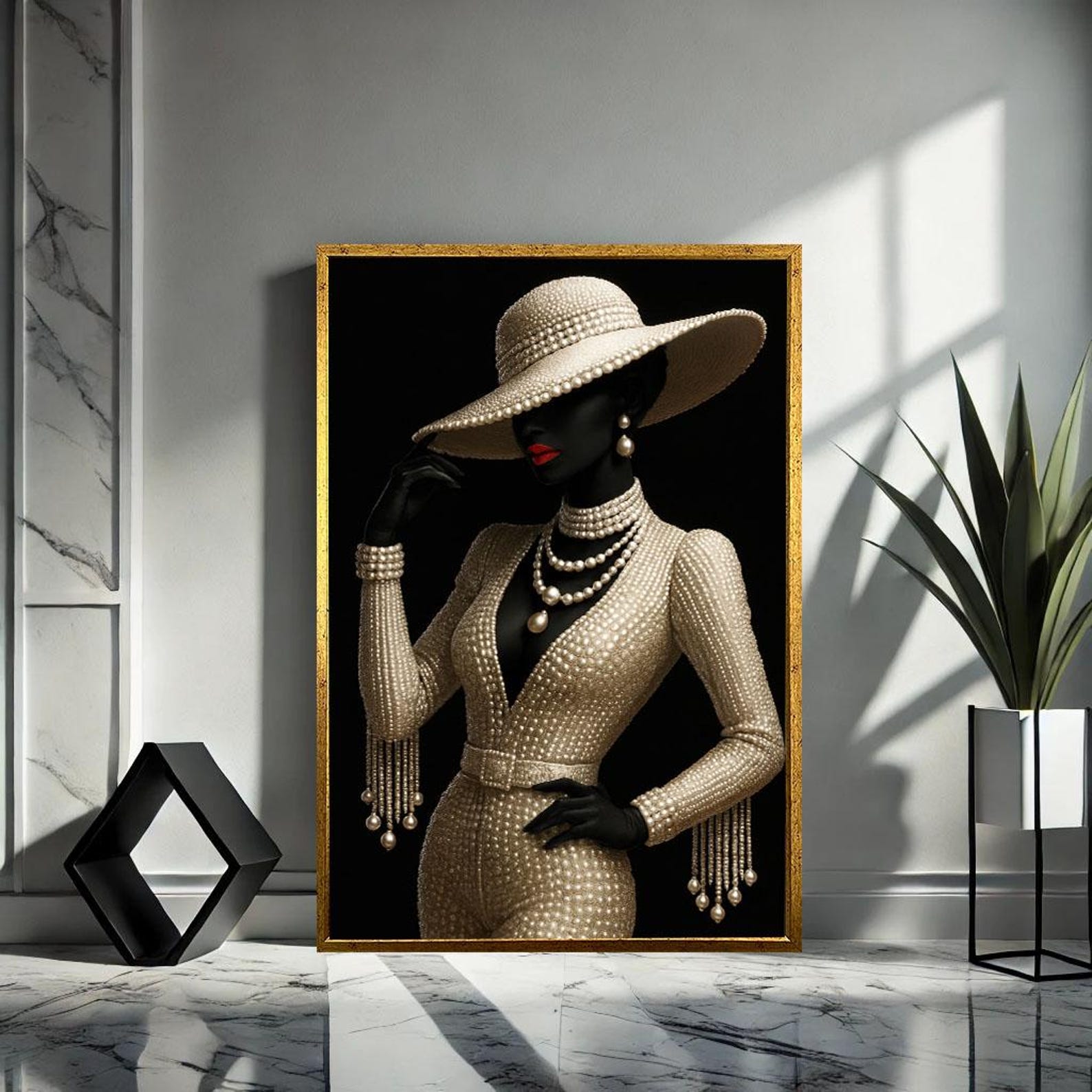 Elegant Black Woman in Pearls Canvas Wall Art | Chic Living Room Decor ...