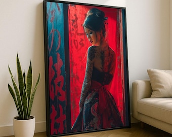 日本の芸者グラフィティキャンバス絵画 - 大胆な赤と黒のアート作品