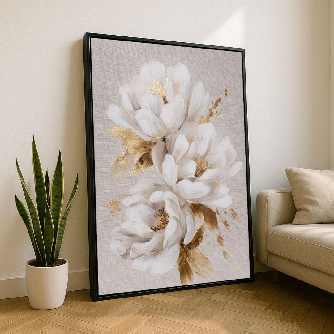 Elegant White Floral Canvas Wall Art Print Gold Accent Bedroom Decor ...