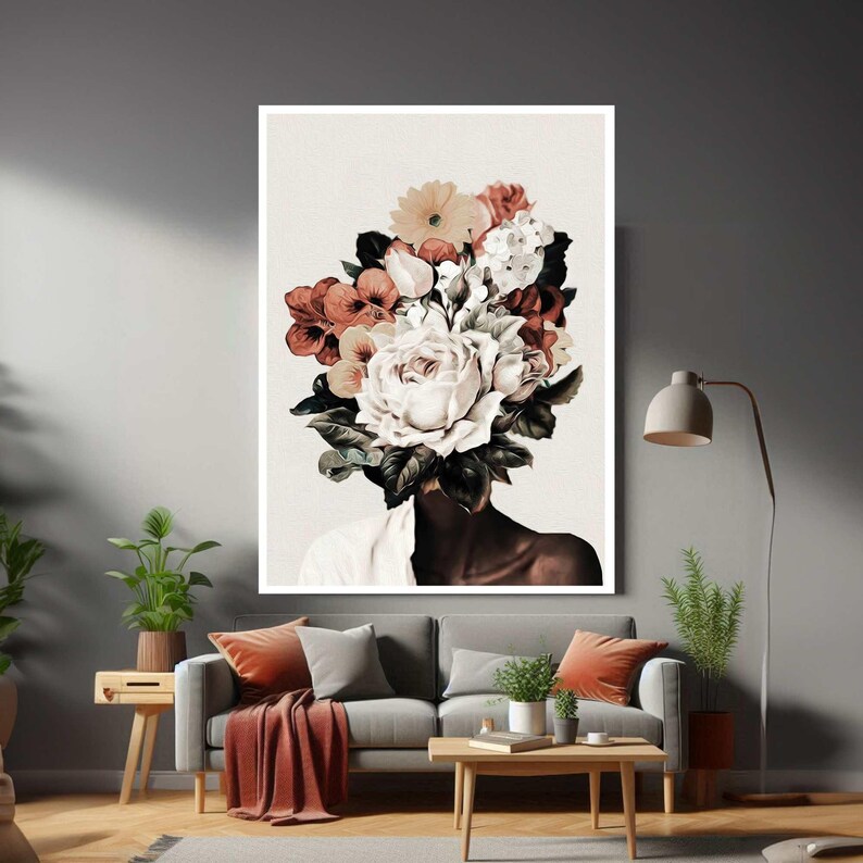 Black Woman Head Flowers Framed Modern Canvas Wall Art Print Ready to ...