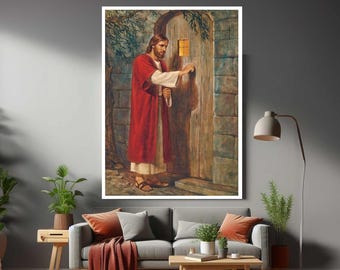 Jesus at the Door Framed Modern Canvas Wall Art Print Ready To Hang Gift For Office , Home, Mom , Mom, Dad, Valentines