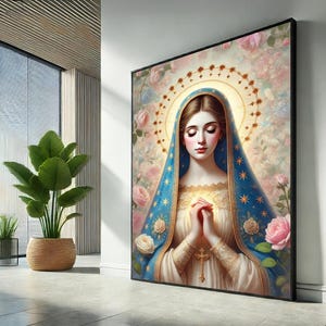 Maagd Maria canvas muurkunst print | Heilige moeder gebedsposter met rozen | Katholiek woondecoratiecadeau voor liefhebbers van uniek cadeau