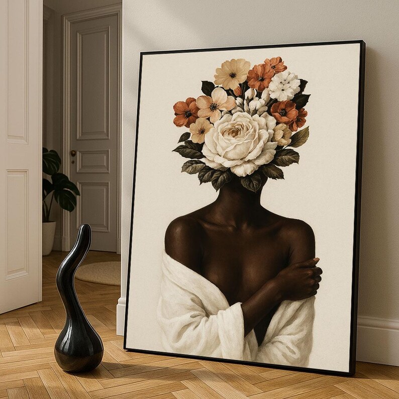Floral Head Black Woman Canvas Print | Elegant Bedroom Wall Art - Etsy