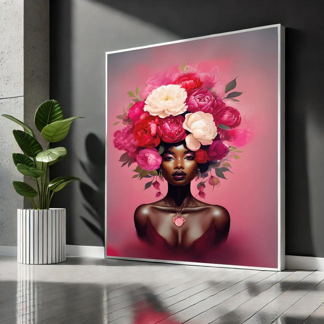 Floral Portrait Canvas – Elegant Black Woman, Peony Headpiece Art - Etsy