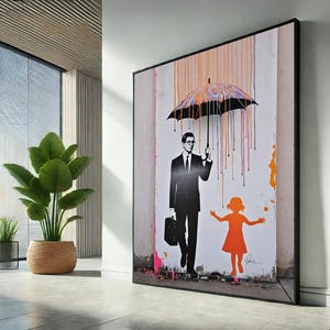 Lienzo de Banksy con un padre e hija: impresión de arte callejero con paraguas de colores, decoración de grafiti urbano, regalo único para amantes de los animales.