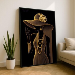 Elegant Black Woman in Gold Hat Canvas Wall Art Print | Modern Living Room Decor | Statement Piece
