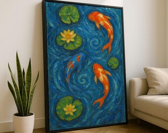 Kunstdruck auf Leinwand von Koi Fischteich Blau & Orange farbenes Statement Piece