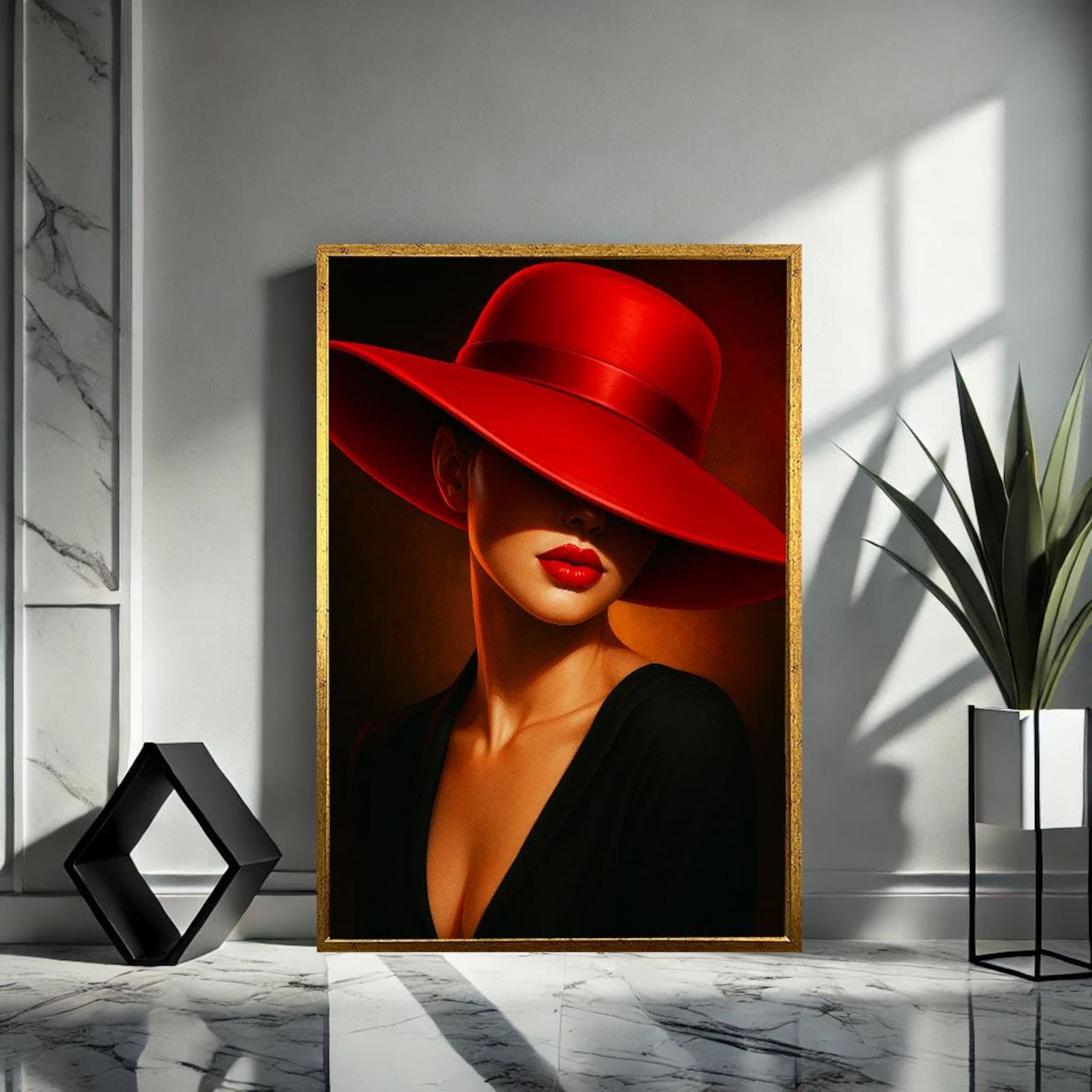Elegant Woman in Red Hat Canvas Wall Art Print | Modern Bedroom Decor ...