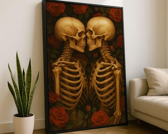 Stampa artistica da parete su tela "Eternal Love Skeletons" / Decorazione romantica per il soggiorno / Pezzo d'arredo