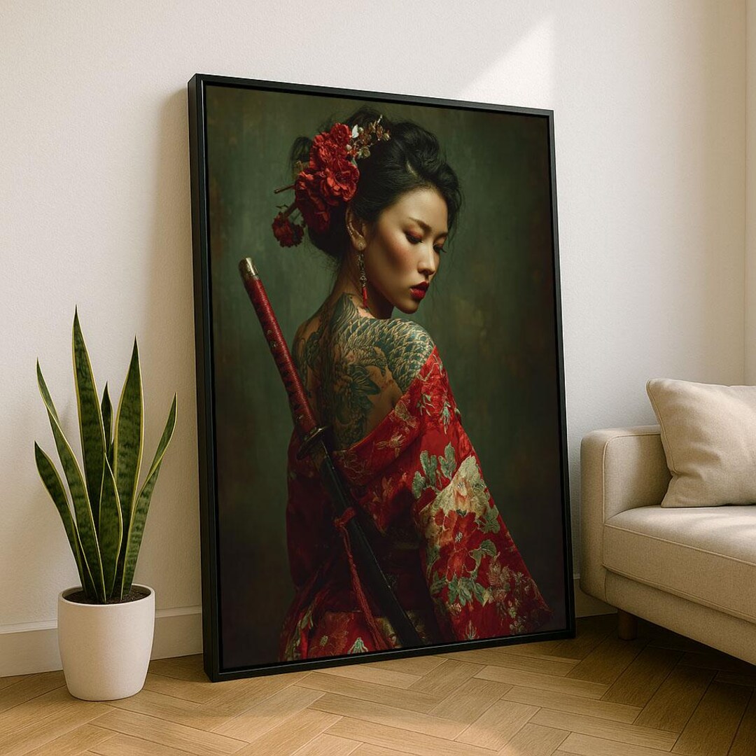 Japanese Samurai Woman Canvas Art Print: Red & Black Decor - Etsy