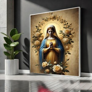 Maagd Maria canvas muurkunst print | Heilige moeder gebedsposter met rozen | Katholiek woondecoratiecadeau voor liefhebbers van uniek cadeau