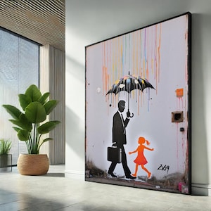 Lienzo de Banksy con un padre e hija: impresión de arte callejero con paraguas de colores, decoración de grafiti urbano, regalo único para amantes de los animales.