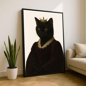 Regal Black Cat Portrait Canvas Wall Art Print | Whimsical Living Room Decor | Statement Piece