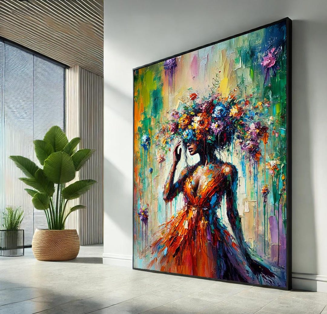 Colorful Floral African Woman Canvas Wall Art, Abstract Portrait