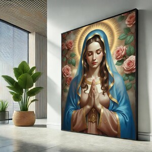 Maagd Maria canvas muurkunst print | Heilige moeder gebedsposter met rozen | Katholiek woondecoratiecadeau voor liefhebbers van uniek cadeau