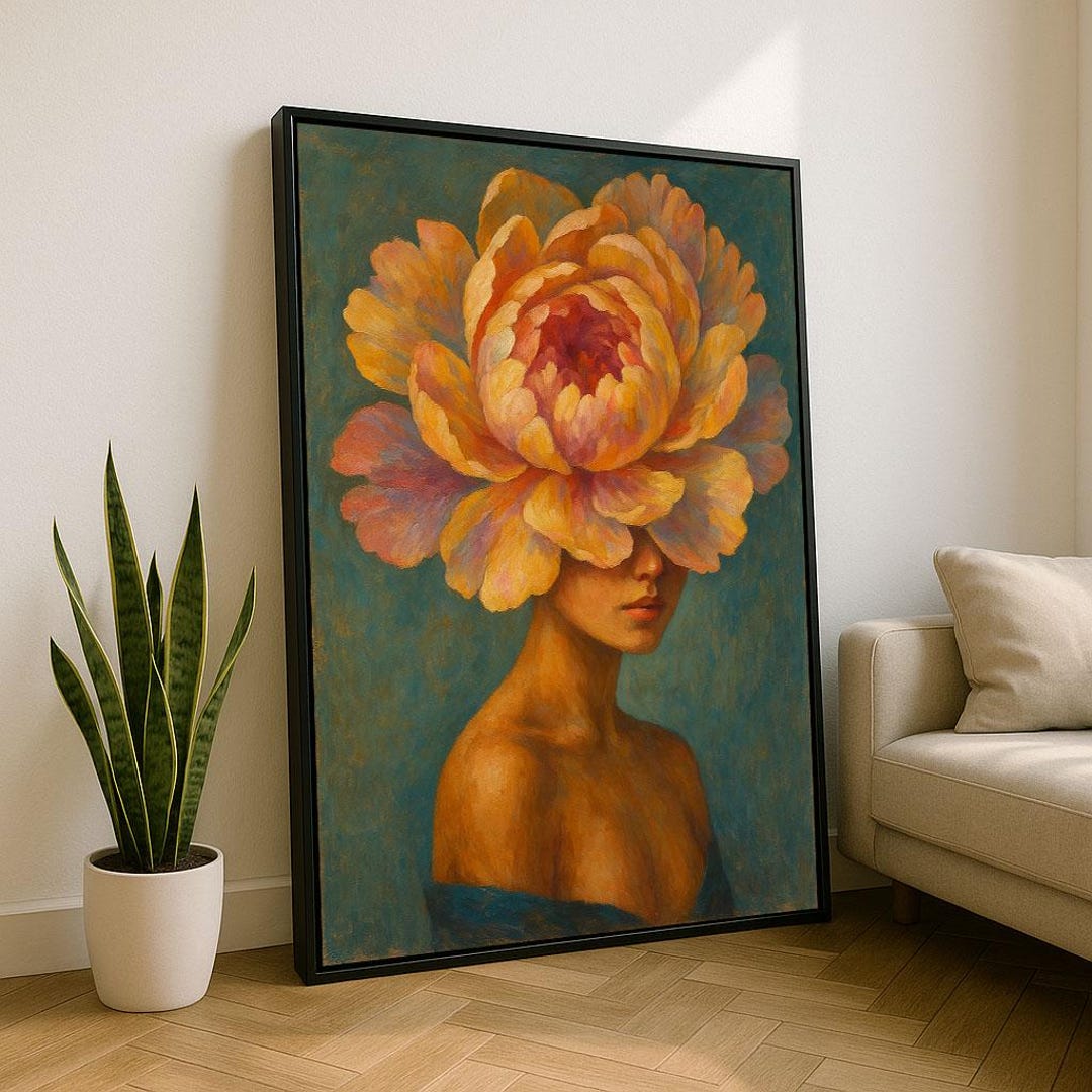Dreamy Floral Woman Portrait Canvas Wall Art Print Boho Bedroom Wall ...