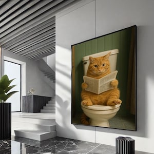 ユーモラスな猫の新聞を読むキャンバスウォールアートプリント | 気まぐれなバスルームの装飾 | ステートメントピース